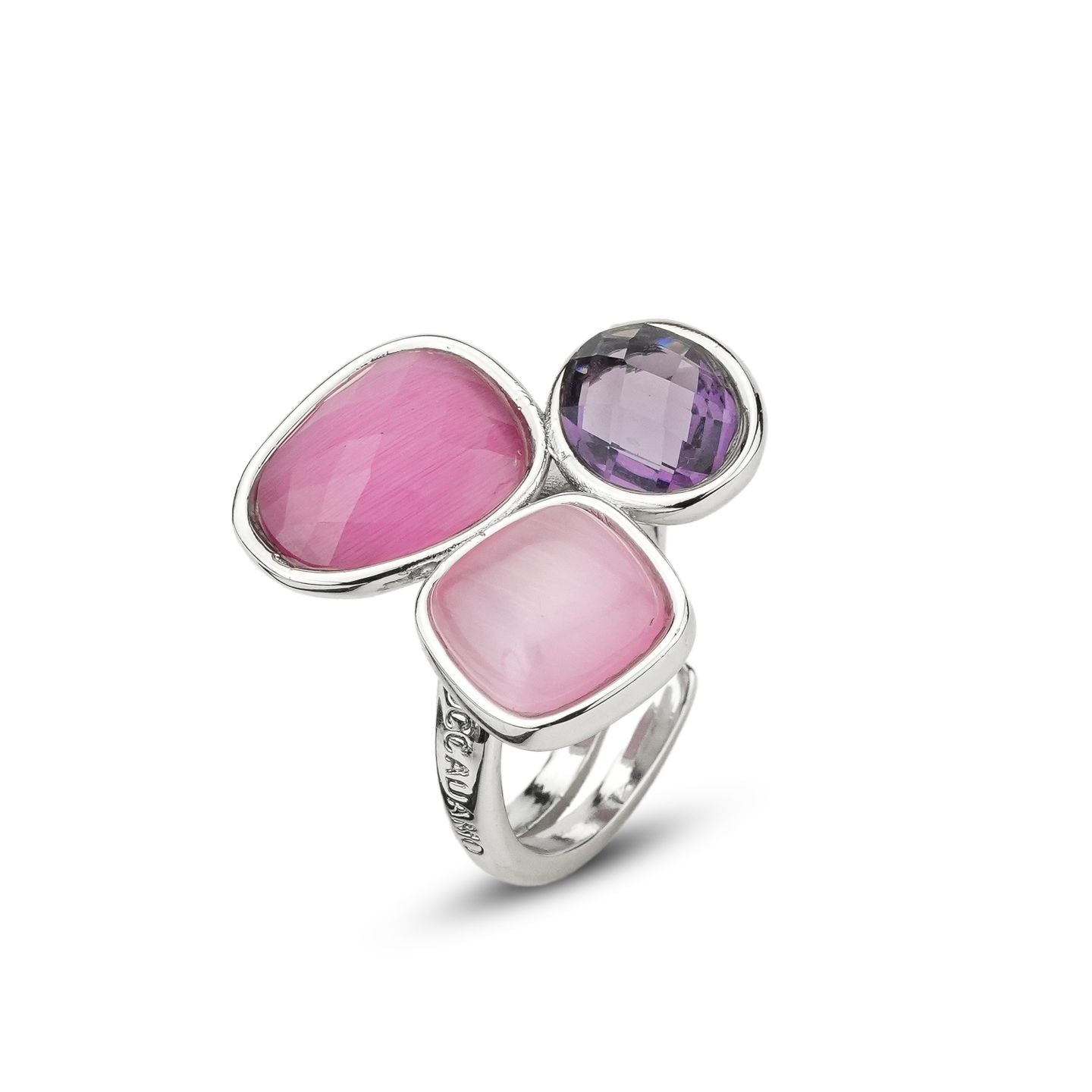 Anello Boccadamo a tre cristalli rosa shocking, rosa e ametista