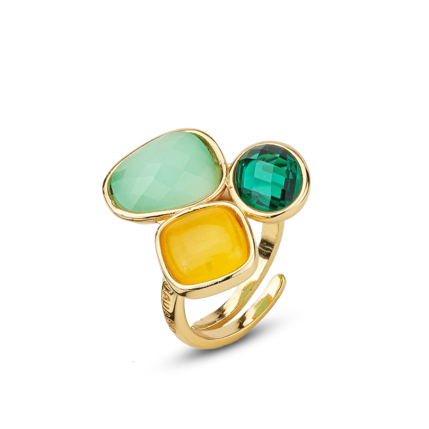 Anello Boccadamo placcato oro giallo a tre cristalli giallo, smeraldo e acquamarina