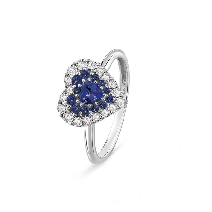 Anello Bliss Prestige in oro bianco con diamanti e zaffiro blu