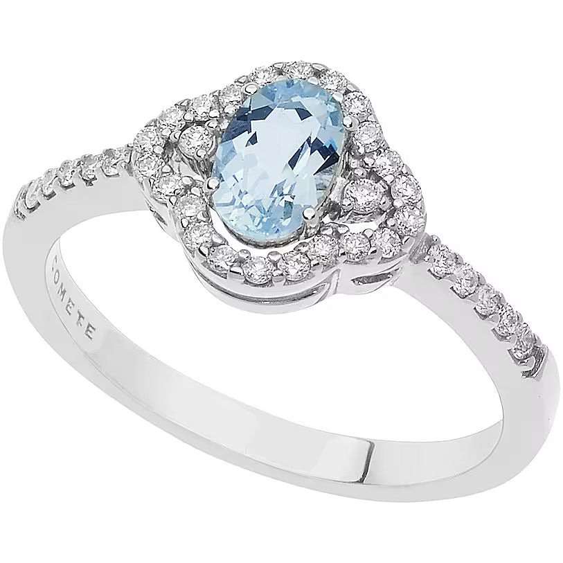 Anello Comete in oro bianco con diamanti e acquamarina ovale