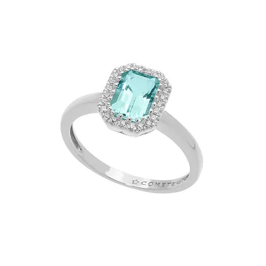 Anello Comete in oro bianco con diamanti e acquamarina ottagonale