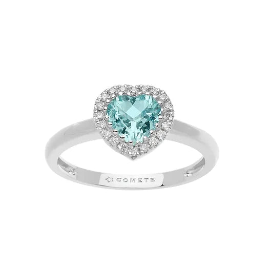 Anello in oro bianco con diamanti e acquamarina taglio cuore
