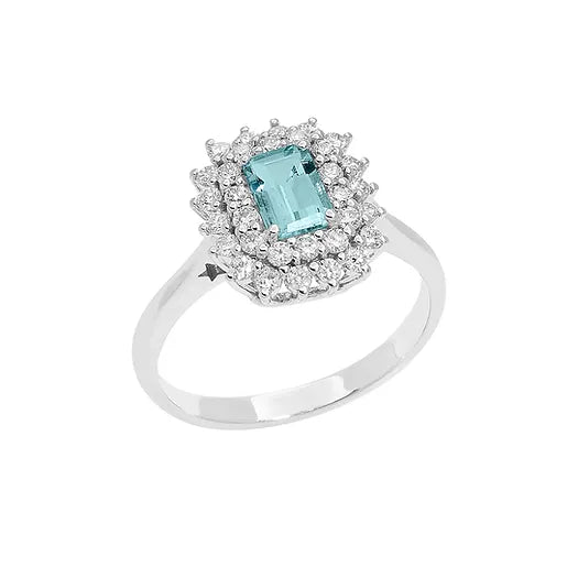 Anello Comete in oro bianco con diamanti e acquamarina ottagonale