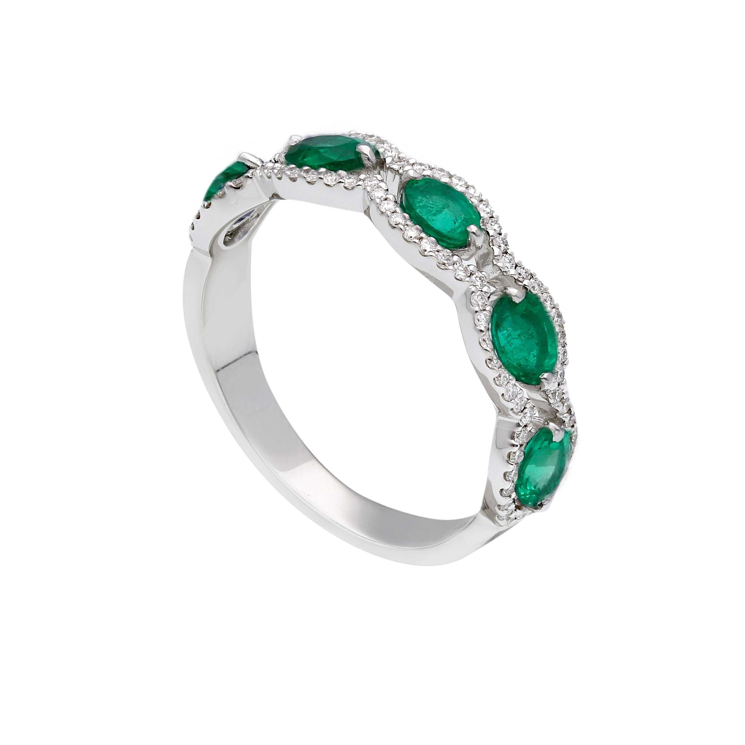Anello abeni in oro bianco 18k con diamanti naturali e smeraldi naturali