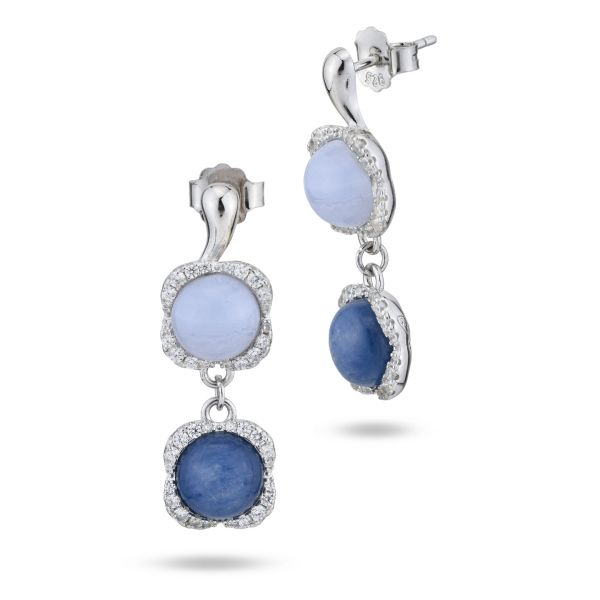 Orecchini Boccadamo in argento con fiori di agata blu, cianite e zirconi