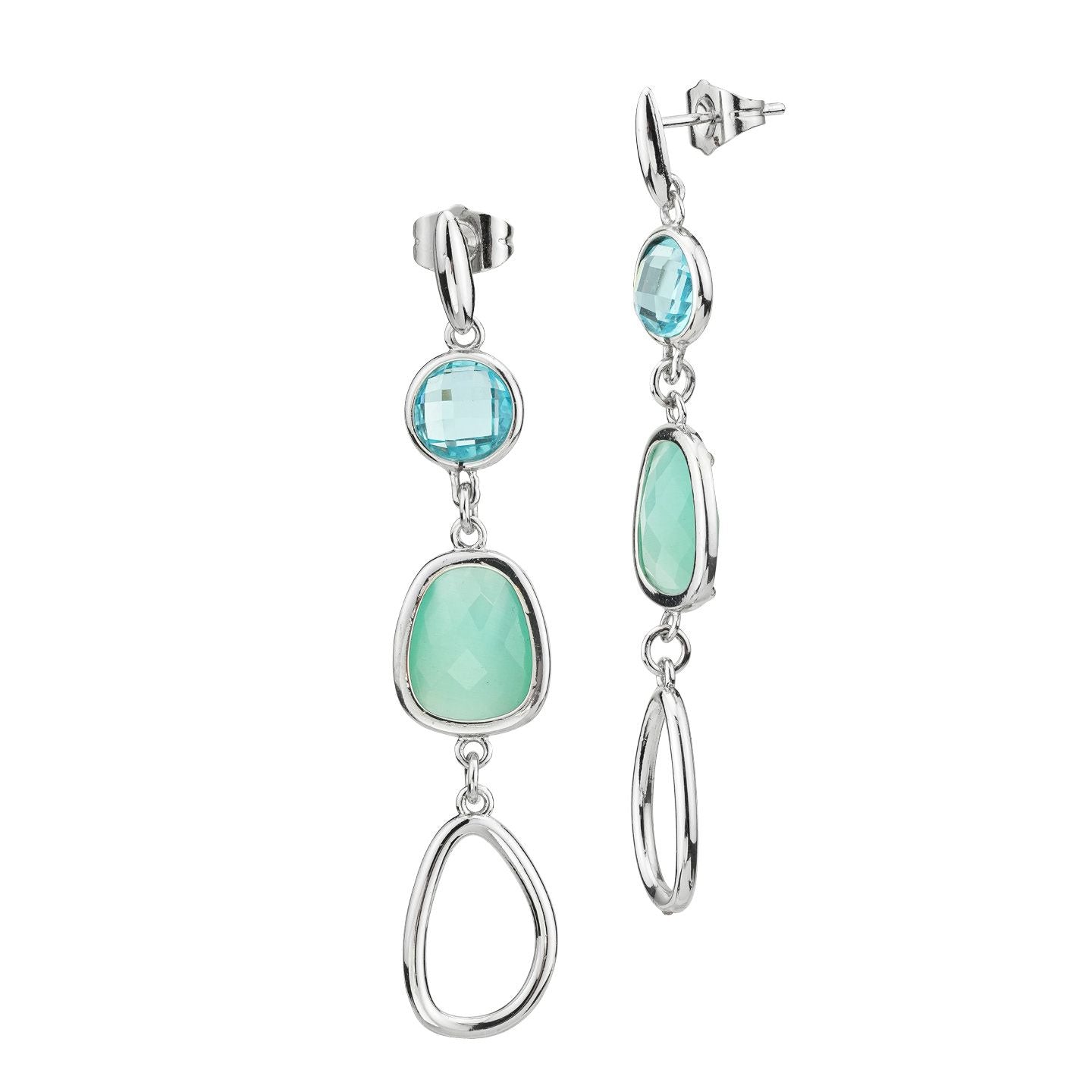 Orecchini Boccadamo pendenti con cristalli acquamarina e verde chiaro e modulo a goccia