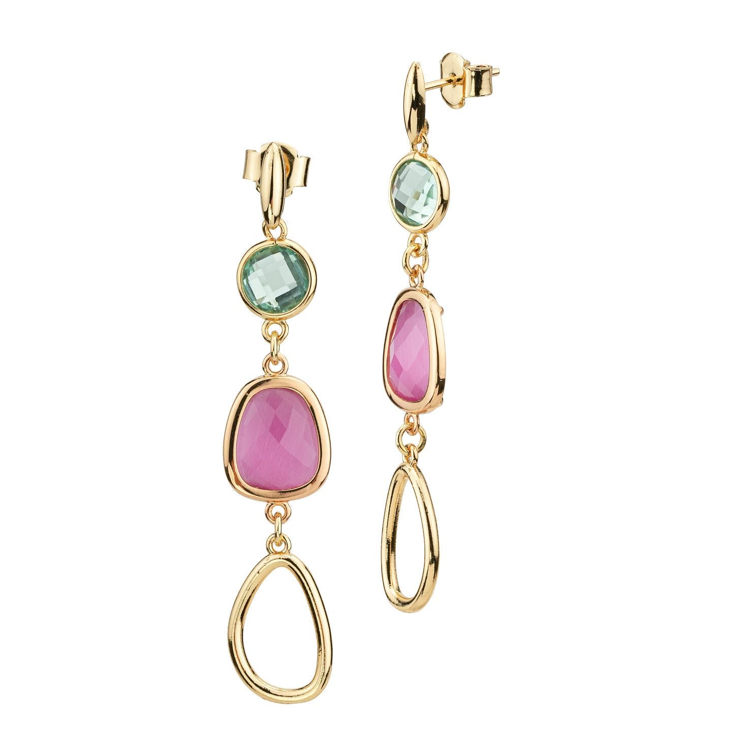 Orecchini Boccadamo pendenti placcati oro giallo con cristalli verde acqua e rosa shocking