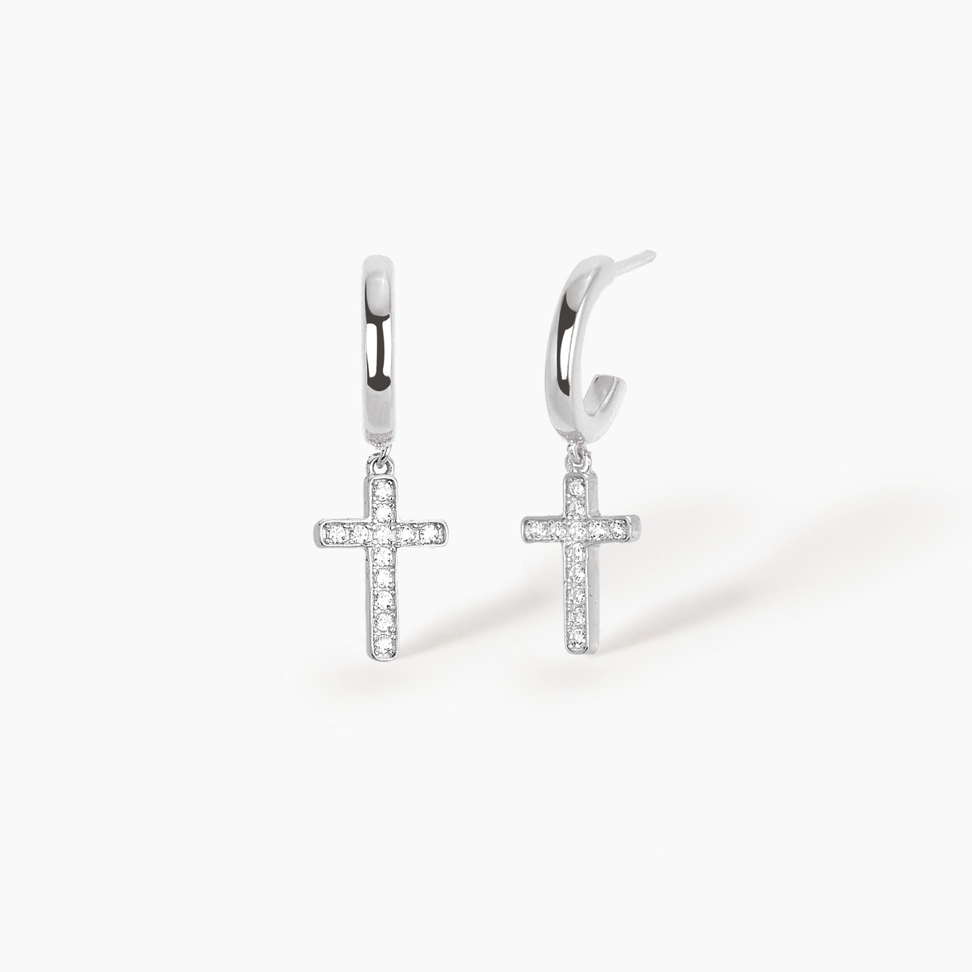 Orecchini Mabina in argento con croce di zirconi pendente