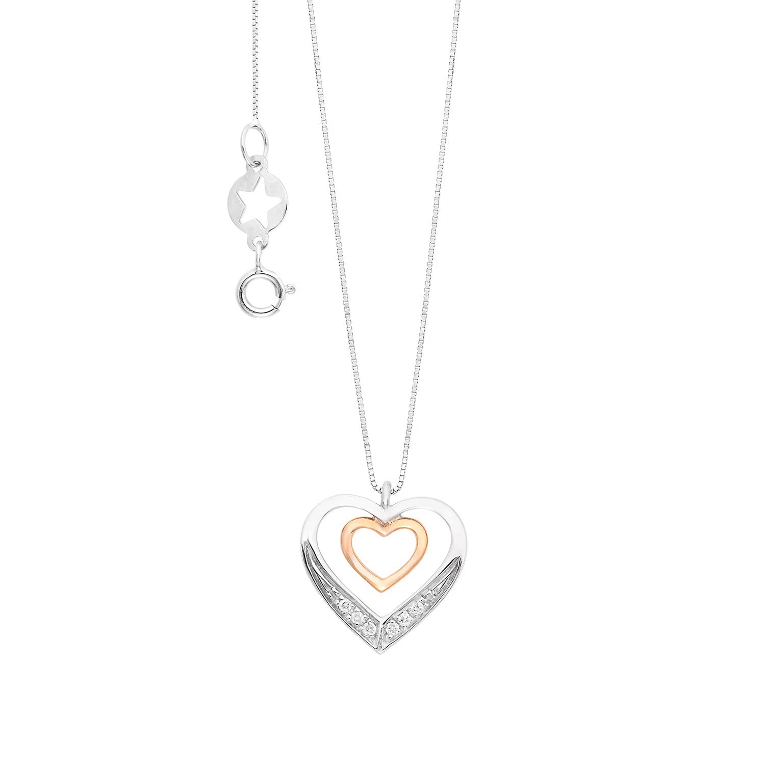 Girocollo Comete in oro bianco e rosa 18K con cuore pendente e diamanti