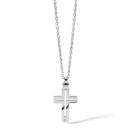 Collana Comete croce in acciaio con diamante