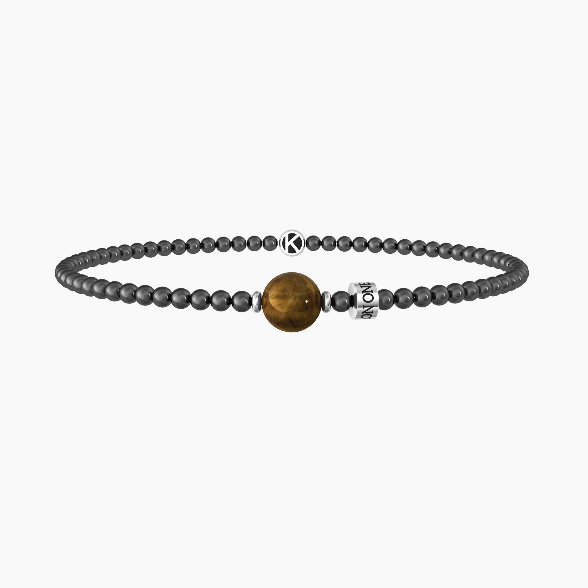 Bracciale Kidult Love elastico con sfere in pvd gunmetal e occhio di tigre