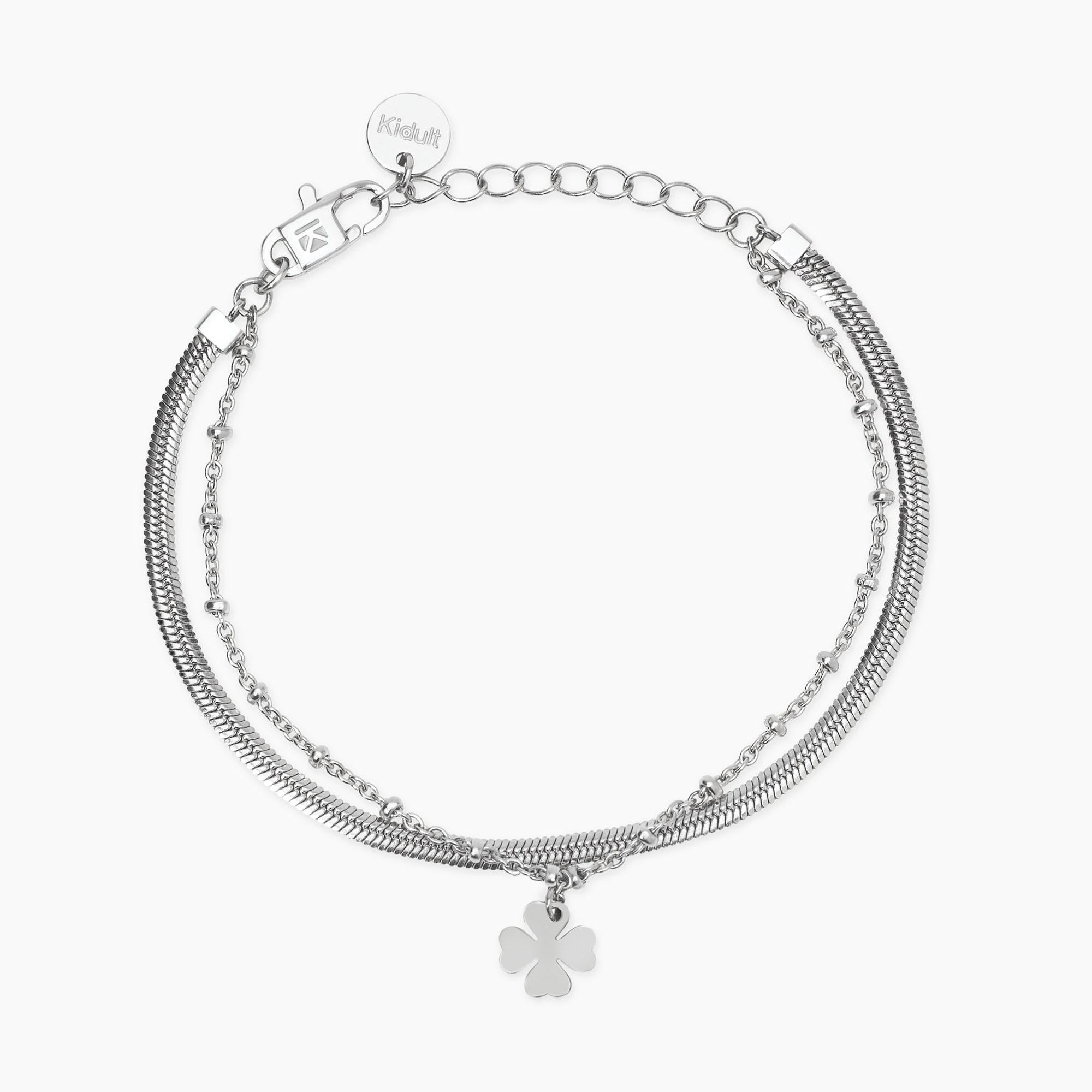 Bracciale Kidult Style catene e ciondolo quadrifoglio in acciaio argentato