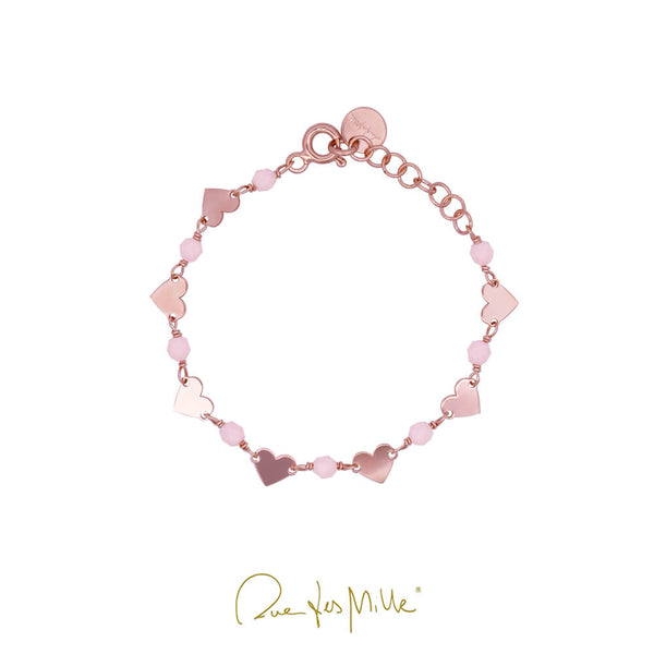 Bracciale Rue des Mille in argento laminato rosa con cuori e perle rosa