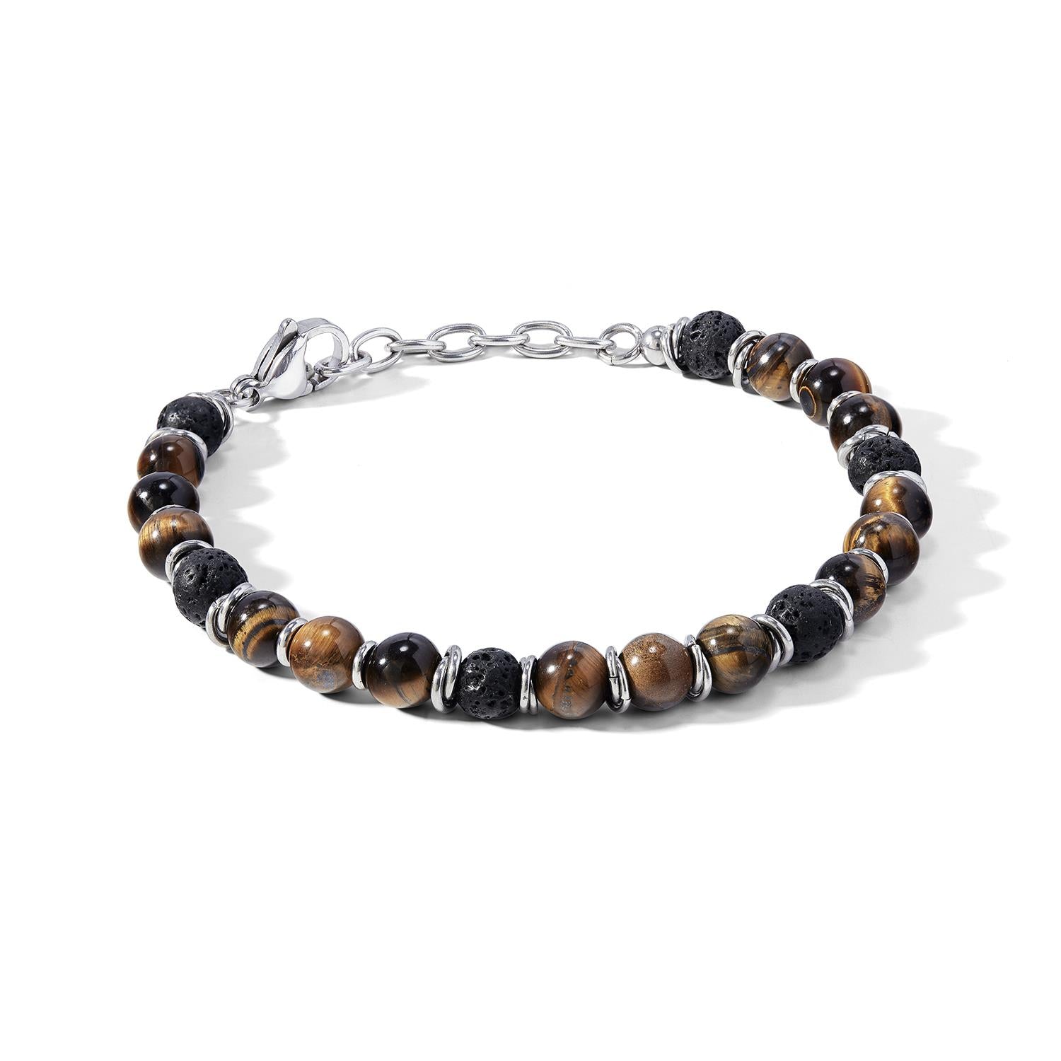 Bracciale Comete in acciaio con occhio di tigre e pietra lavica nera