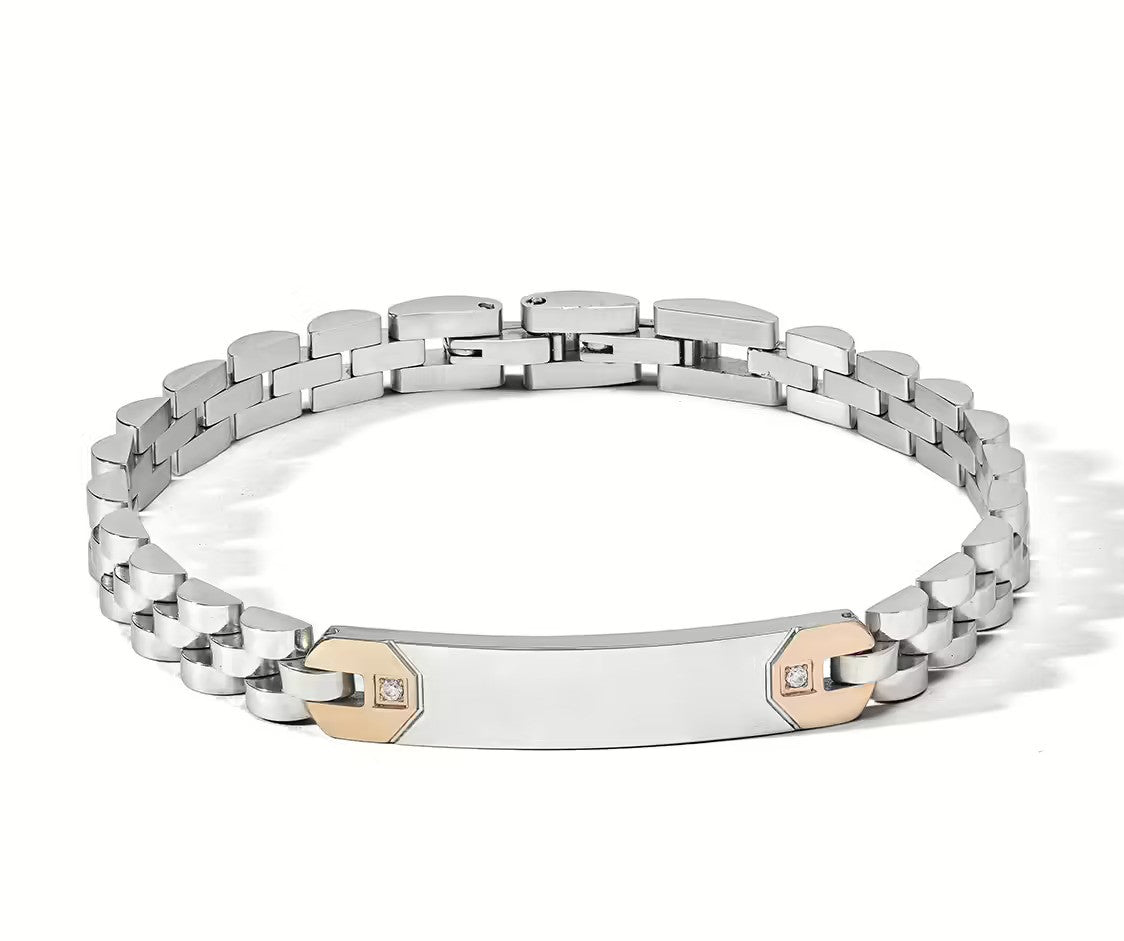 Bracciale Comete in acciaio, pvd rosè e zirconi bianchi