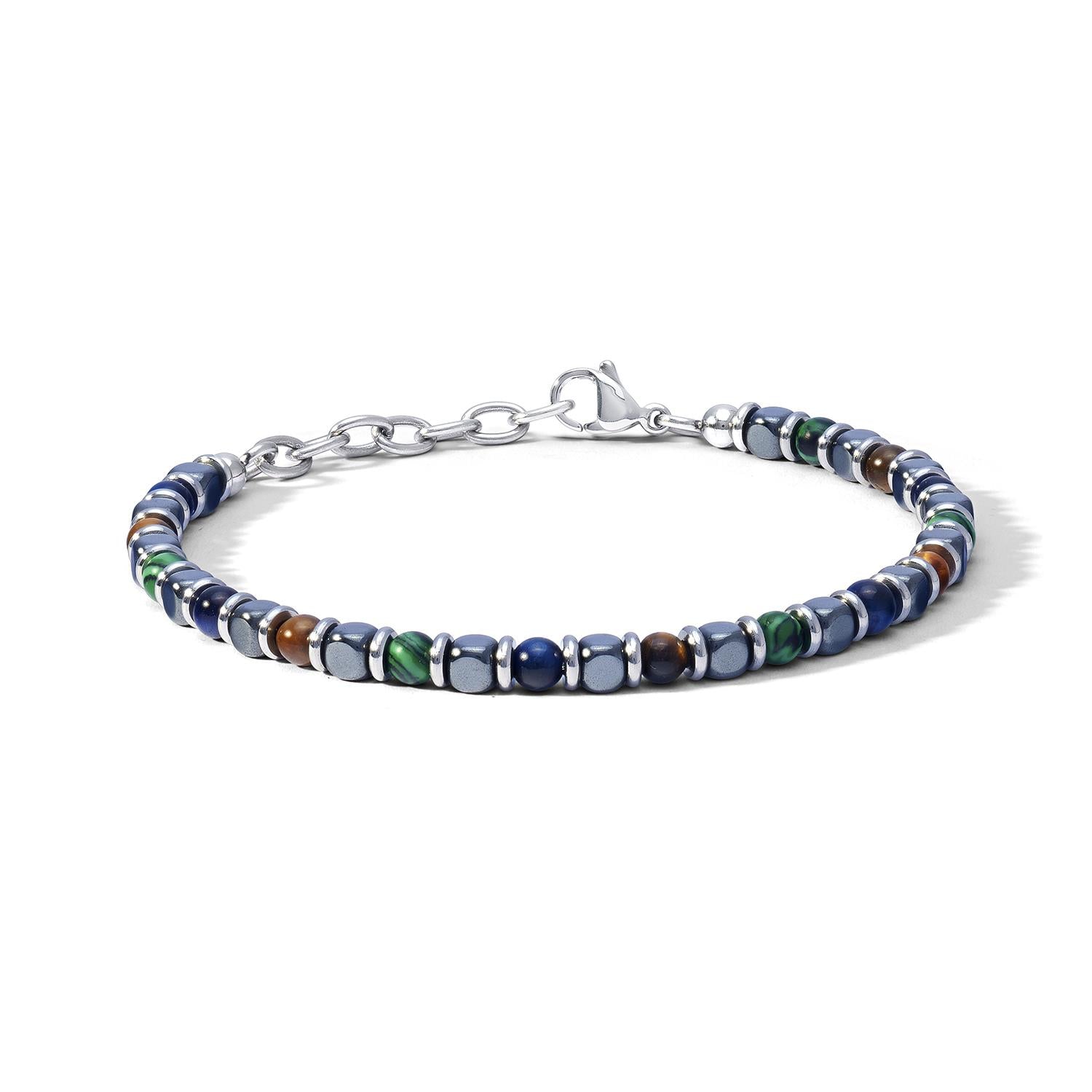 Bracciale Comete in acciaio con occhio di tigre, malachite