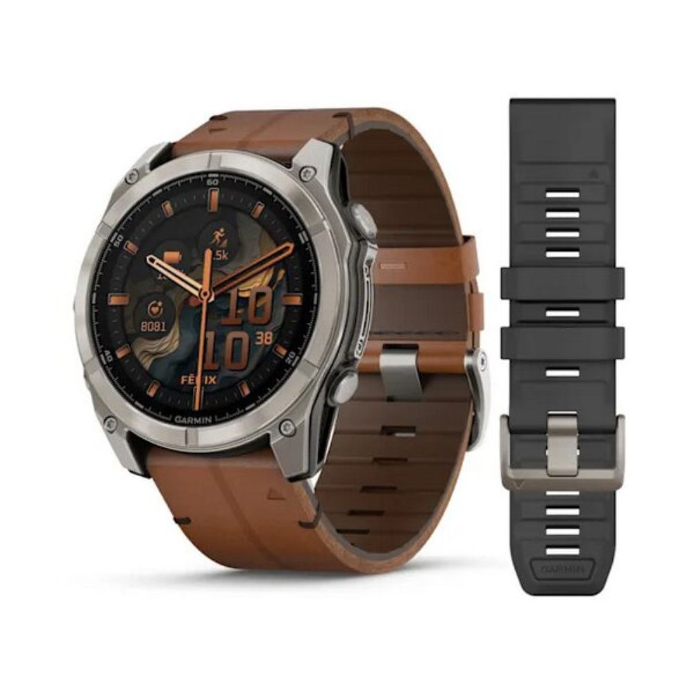 Orologio Garmin Fenix 8 51 mm, AMOLED, Sapphire, Titanium con cinturino in pelle Chestnut
