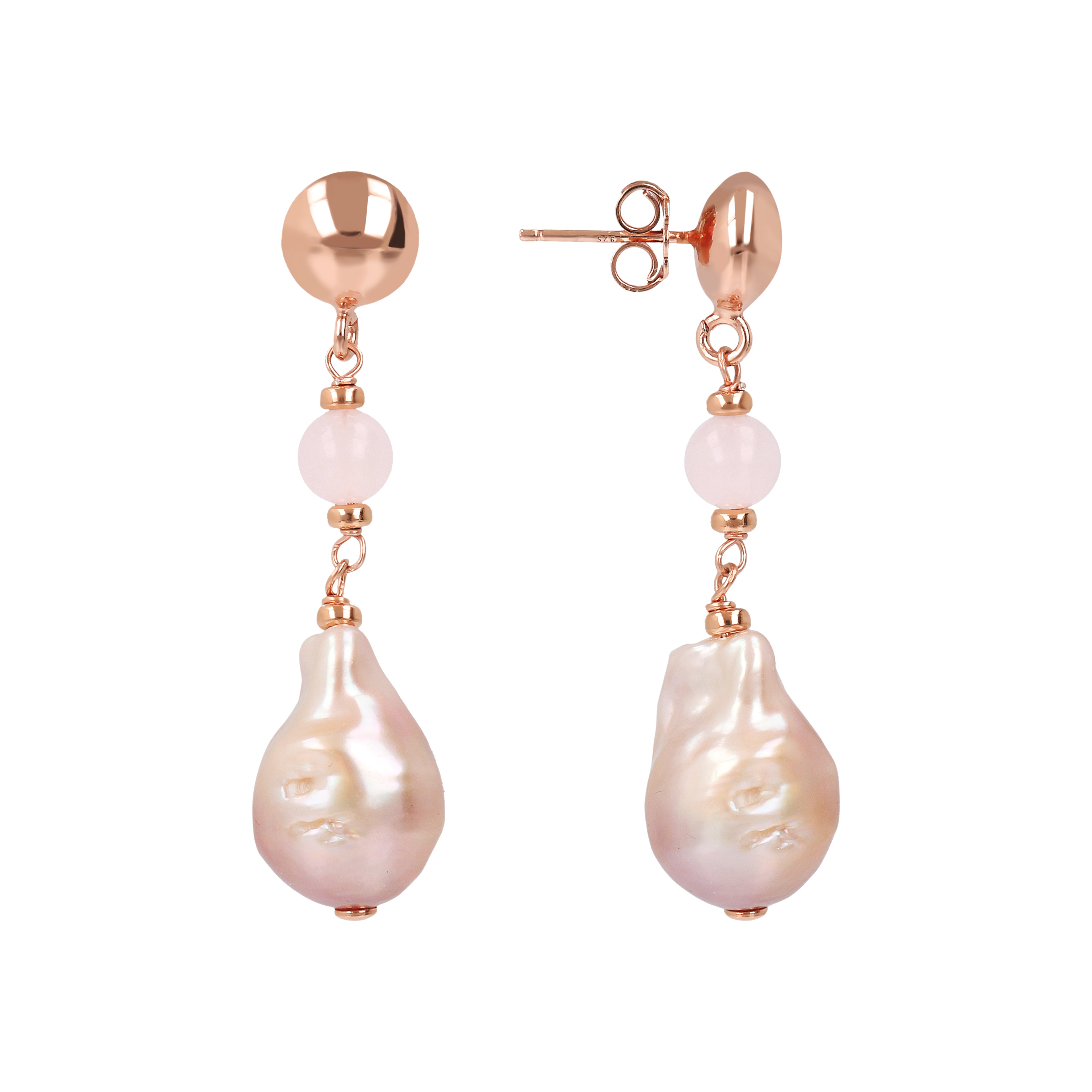 Orecchini Bronzallure golden rosé con perle e quarzo rosa