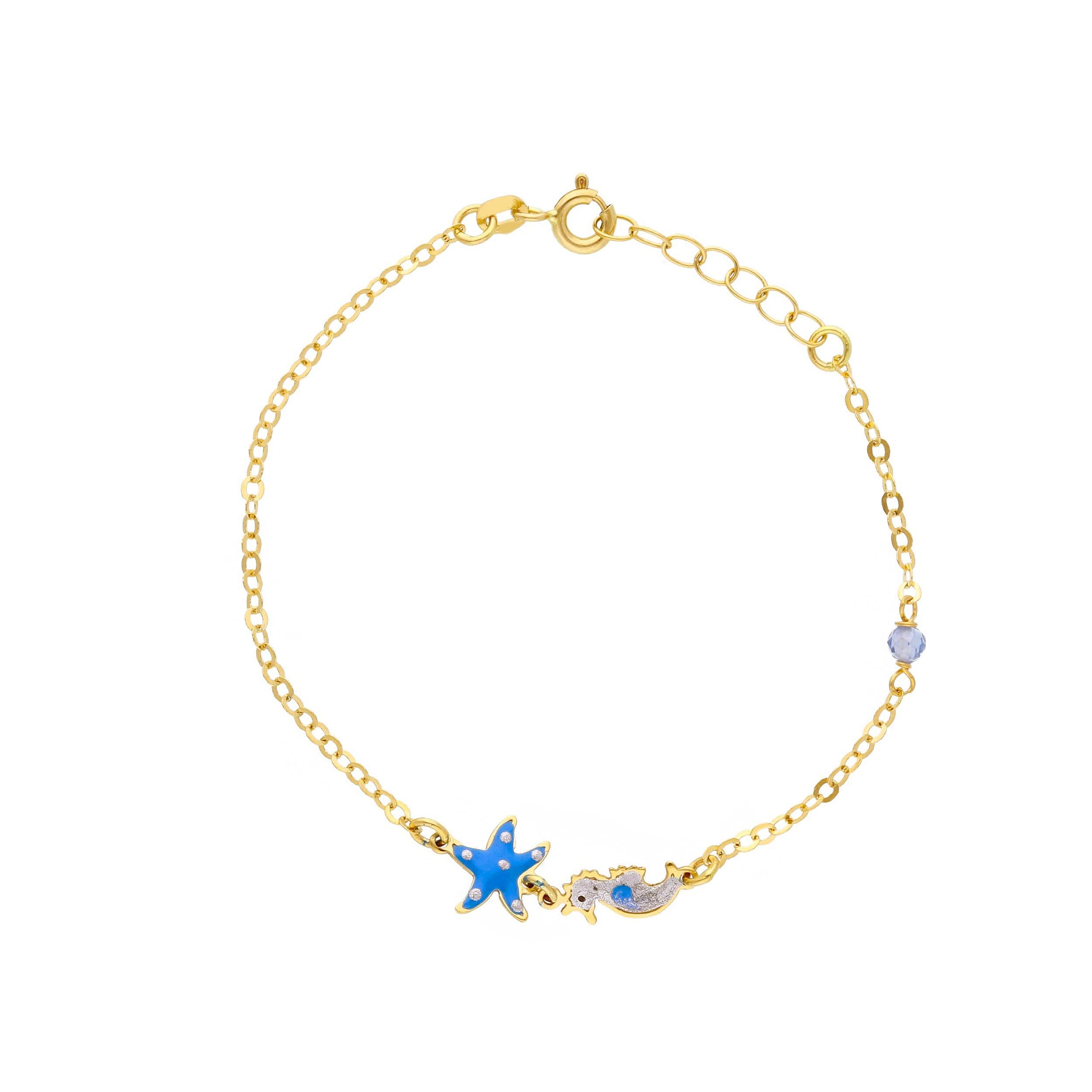 Bracciale Abeni in oro giallo 18K con stella e cavalluccio marino smaltati