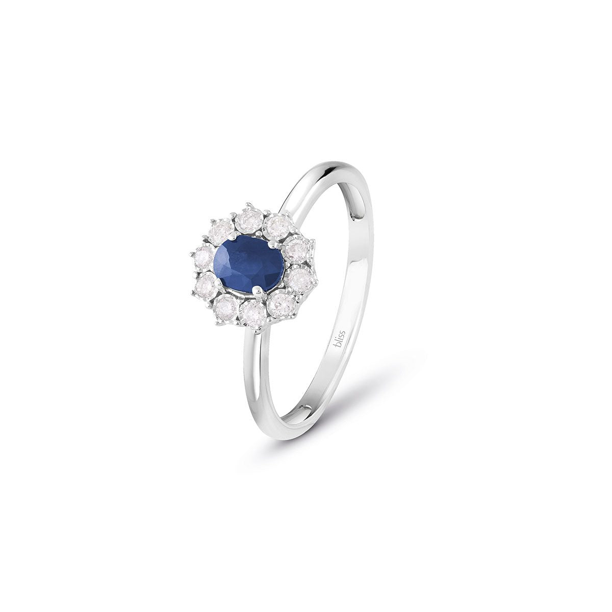 Anello Bliss Charleston in oro bianco con zaffiro blu e diamanti