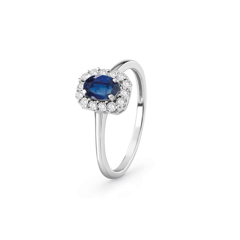 Anello Bliss Collezione Regal in Oro bianco 18 k con Zaffiro blu e Diamanti