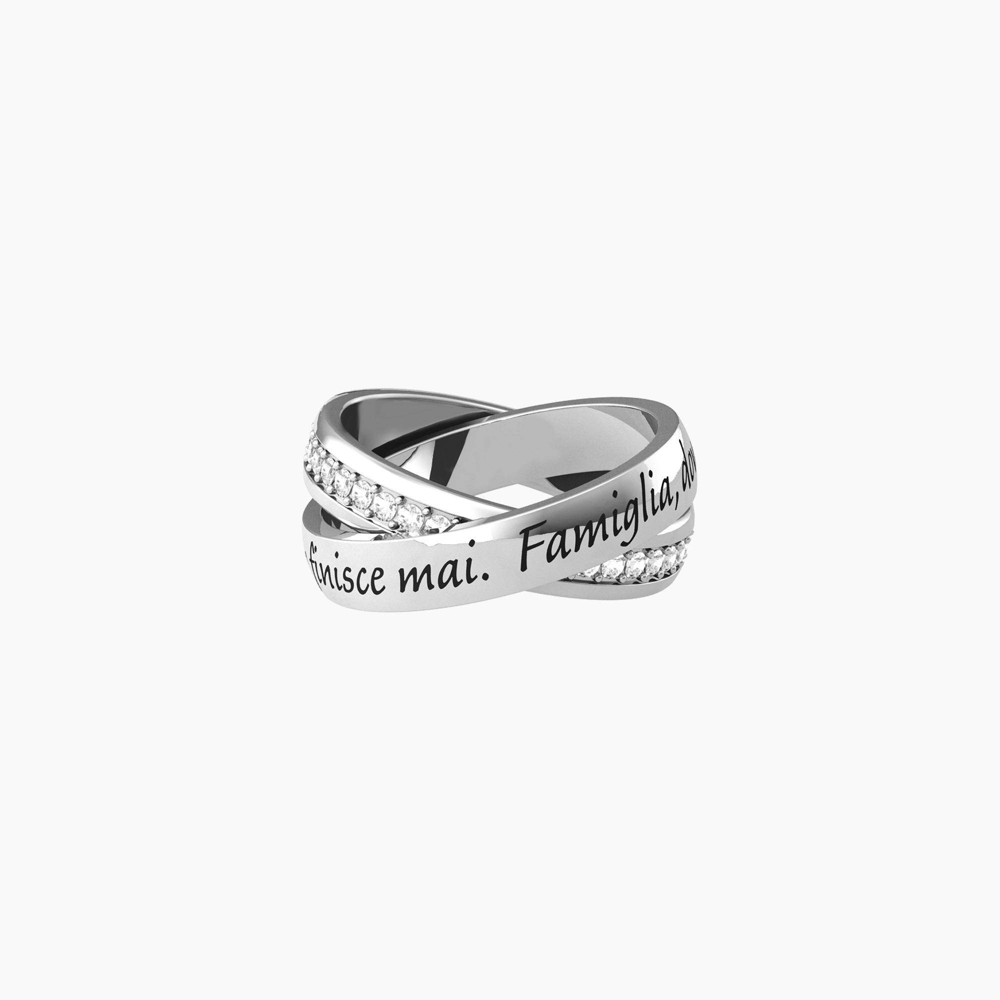Anello Kidult Family intrecciato con cristalli e frase misura 11