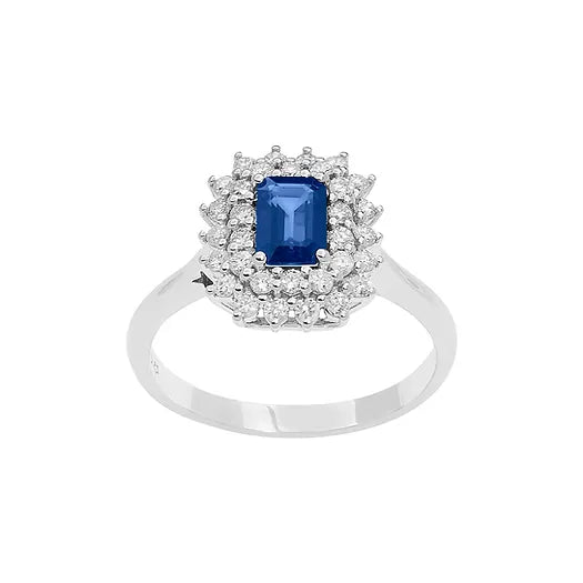 Anello Comete in oro bianco con diamanti e zaffiro ottogonale