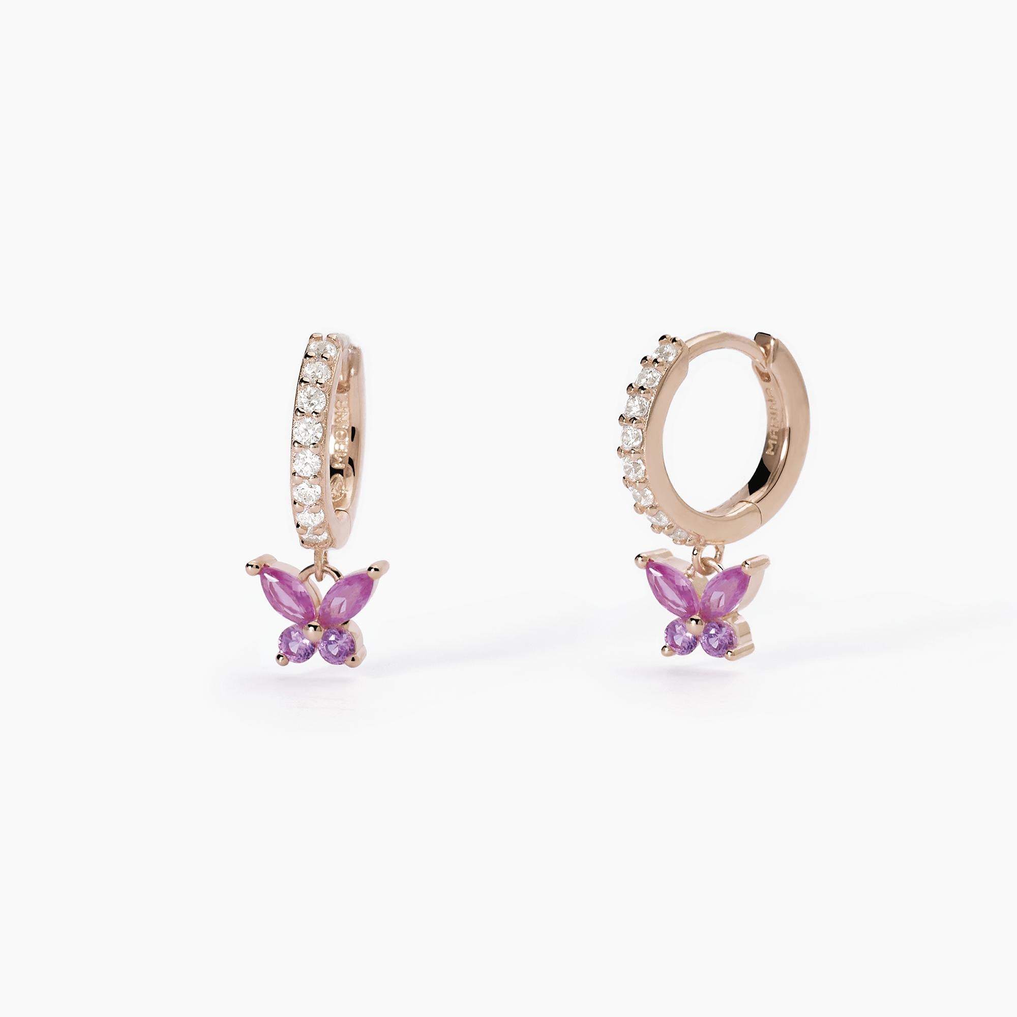 Orecchini Mabina in argento laminato rosa con farfalla pendente di zirconi rosa