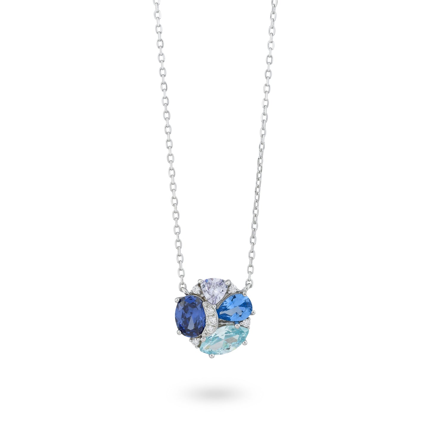Collana Boccadamo in argento con fiore di zirconi acquamarina, zaffiro e bianchi