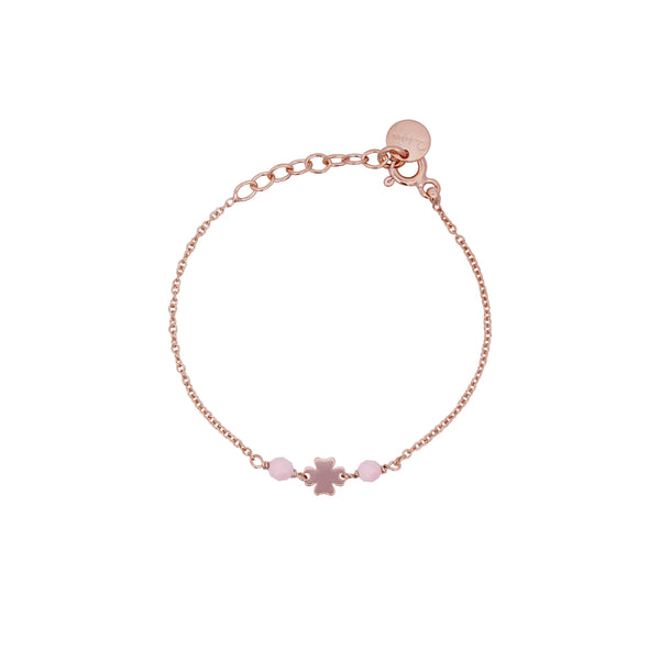 Bracciale Rue des Mille in argento laminato rosa con quadrifoglio e perle rosa
