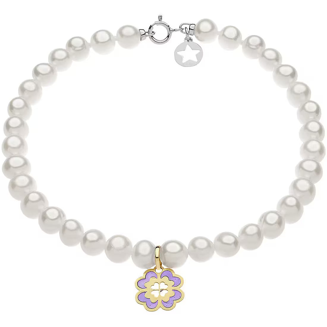 Bracciale Comete Cerimony in oro bianco e giallo 18K con perle e pendente quadrifoglio