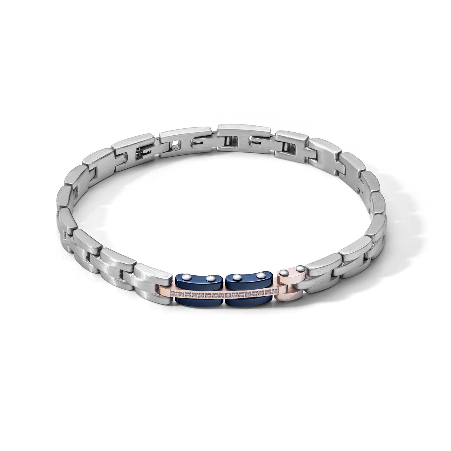 Bracciale Comete in acciaio con ceramica, PVD rosa e zirconi