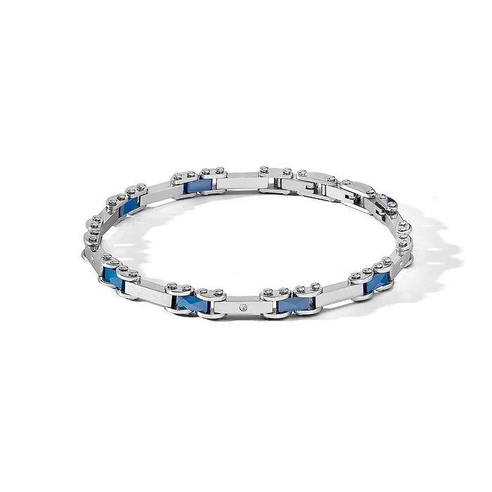 Bracciale Comete in acciaio, ceramica blu e zirconi