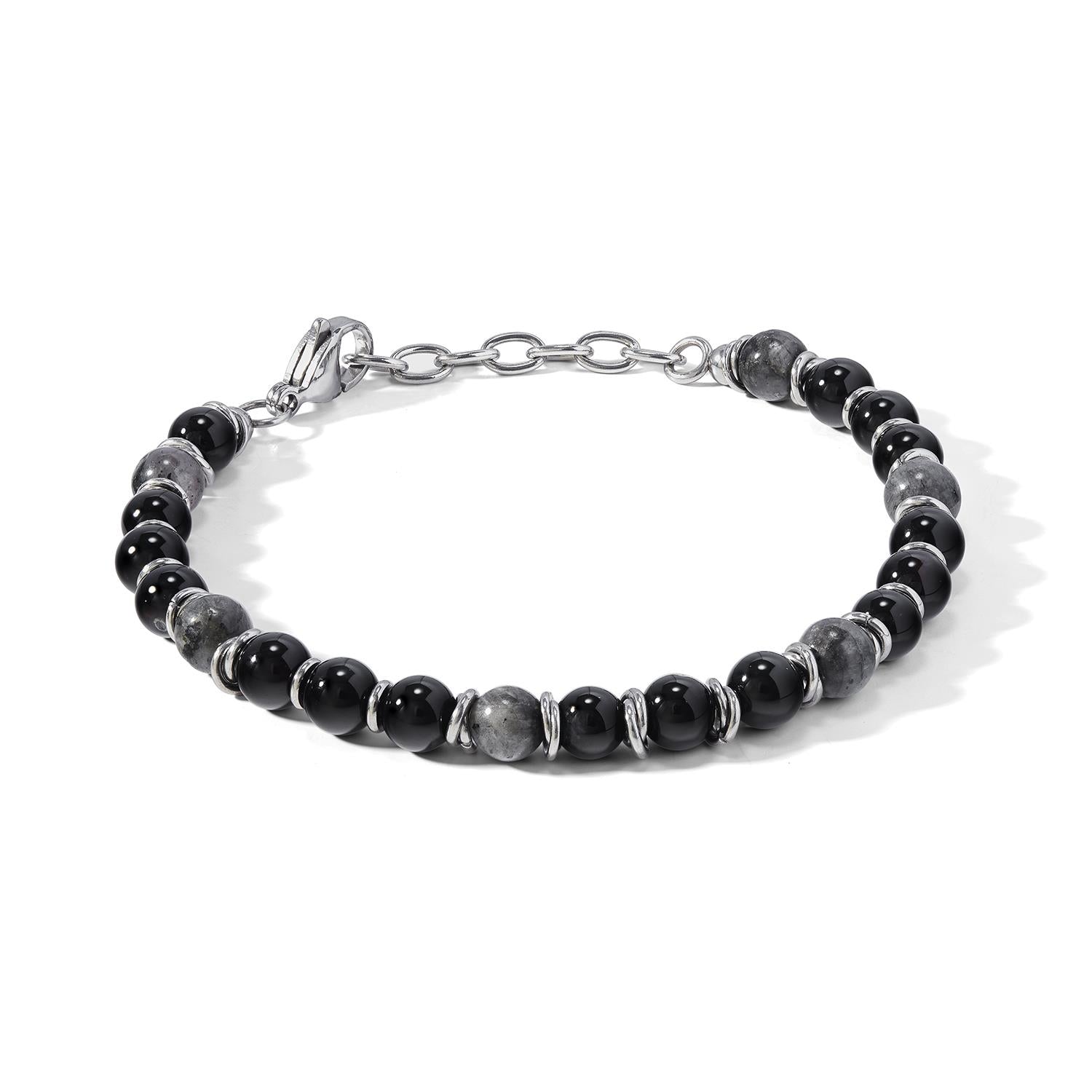 Bracciale Comete in acciaio con onice nero e agata grigia
