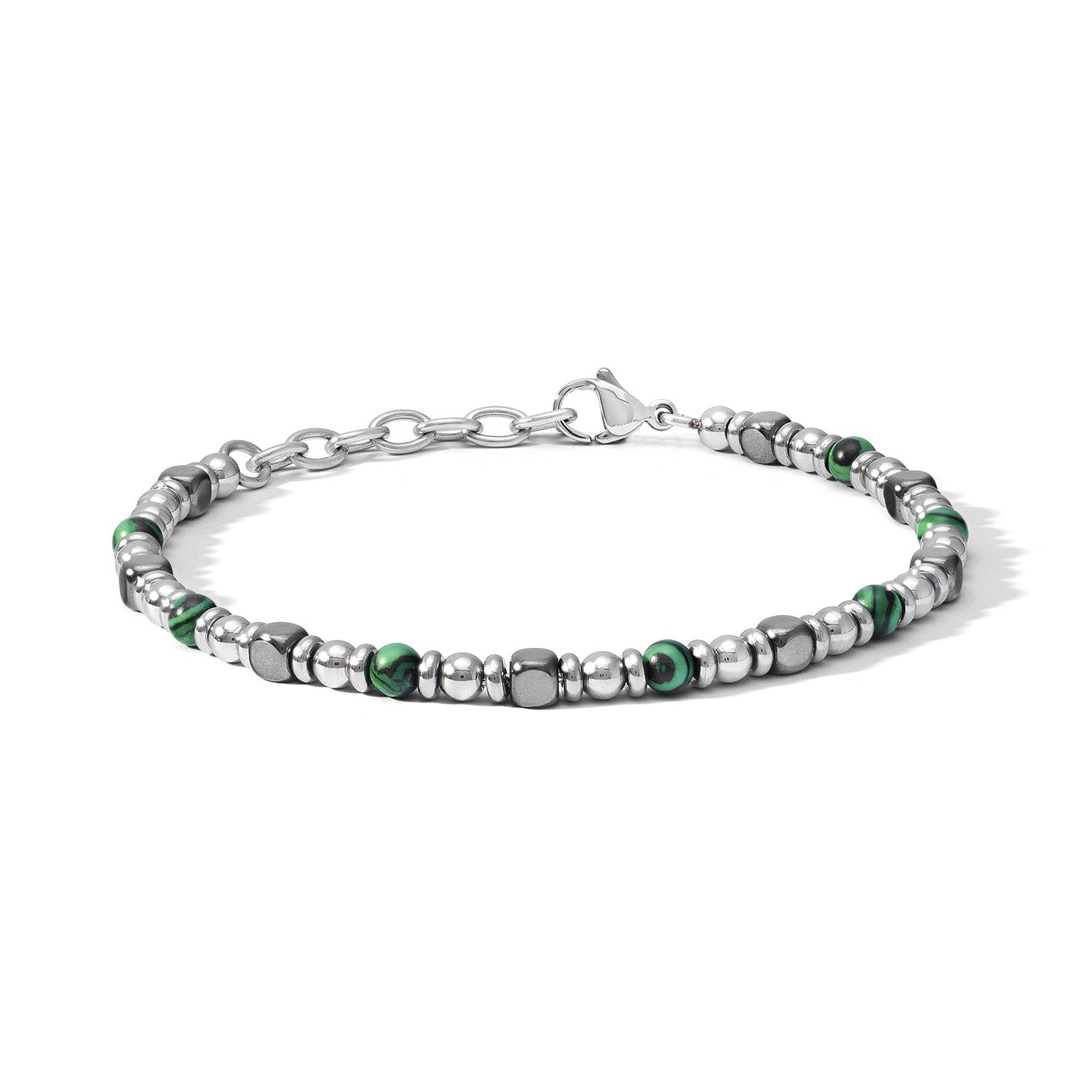 Bracciale Comete in acciaio con malachite verde ed ematite