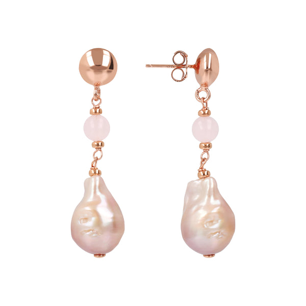 Orecchini Bronzallure pendenti con perle d'acqua dolce Maxima e quarzo roosa
