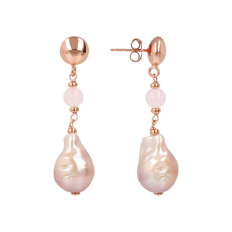 Orecchini Bronzallure pendenti con perle d'acqua dolce Maxima e quarzo roosa